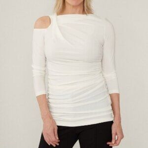 New Brian Bailey White Stretch Fitted Draped Cut Out Top Size Medium Bin 1F
